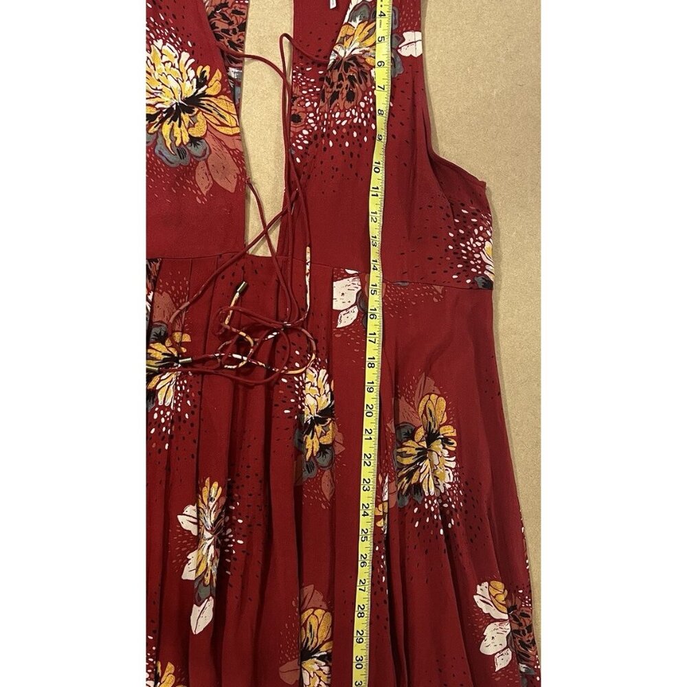 Free People Women Mini Dress  Tunic Small LOVELY DAY  Red Floral Boho Tie Up - Picture 9 of 10